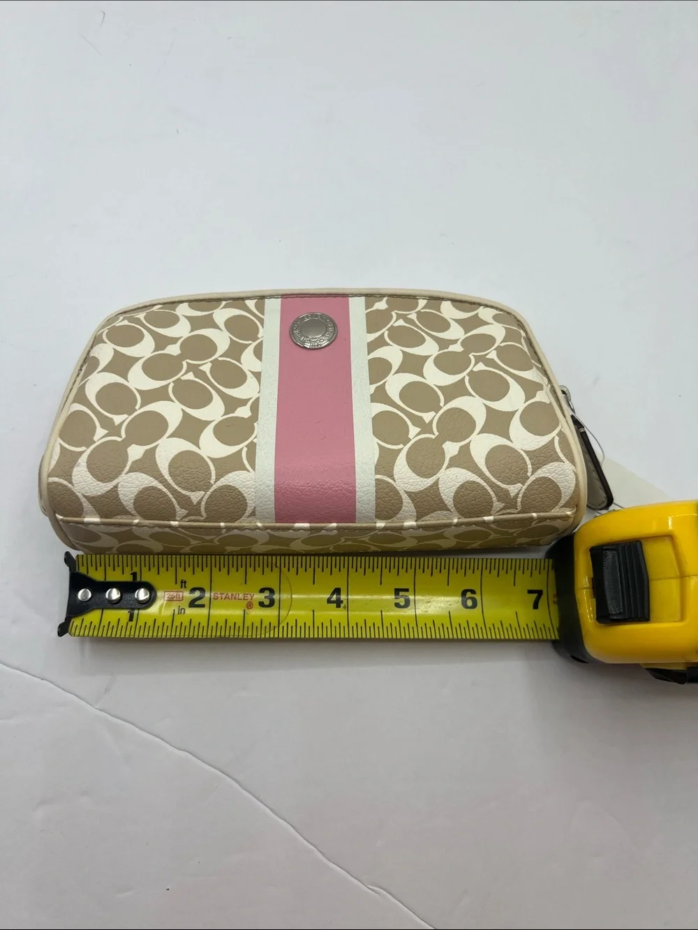 Coach Beige Signature Cosmetic Case with Pink Center Stripe